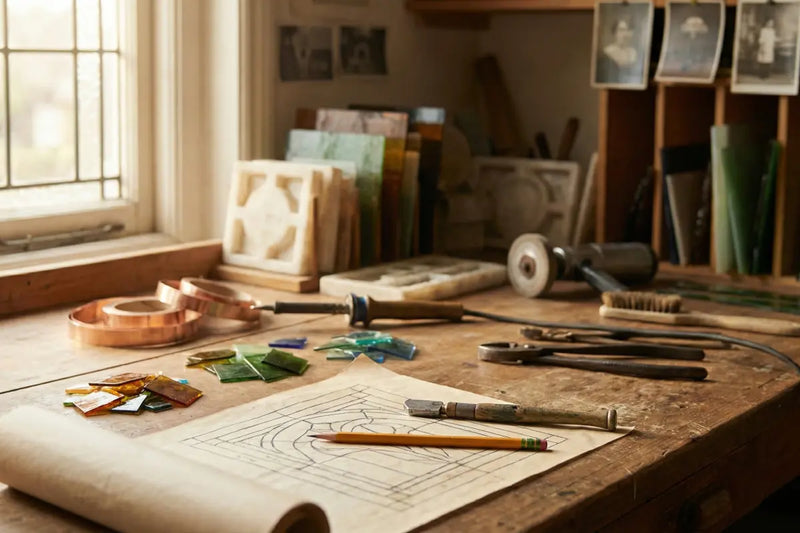 Établi avec dessin technique, verre coloré, feuille de cuivre et outils pour la fabrication artisanale d'une lampe Tiffany