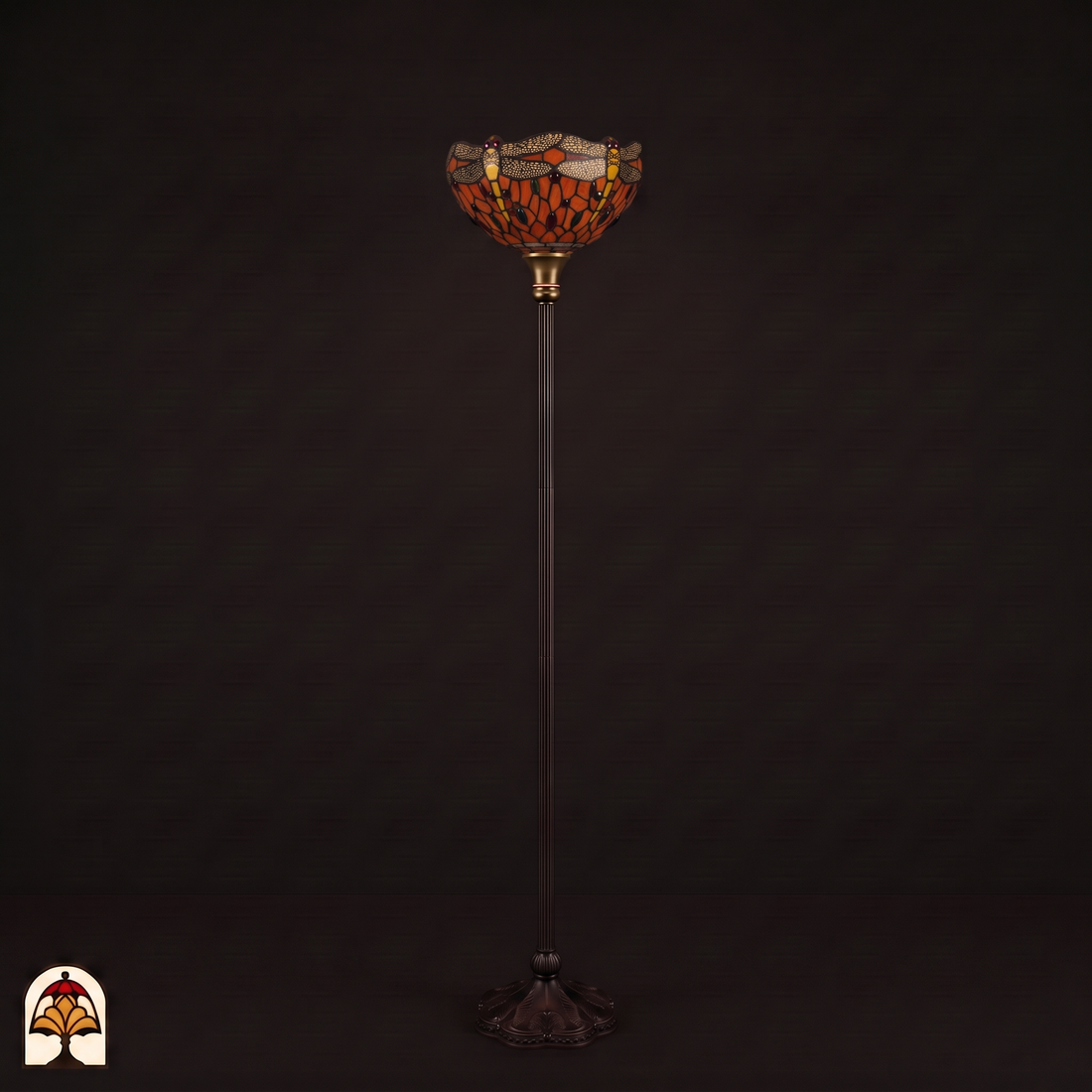 Lampadaire Tiffany Libellula Tramonto éteint – abat-jour libellules orange sur uplighter bronze élancé