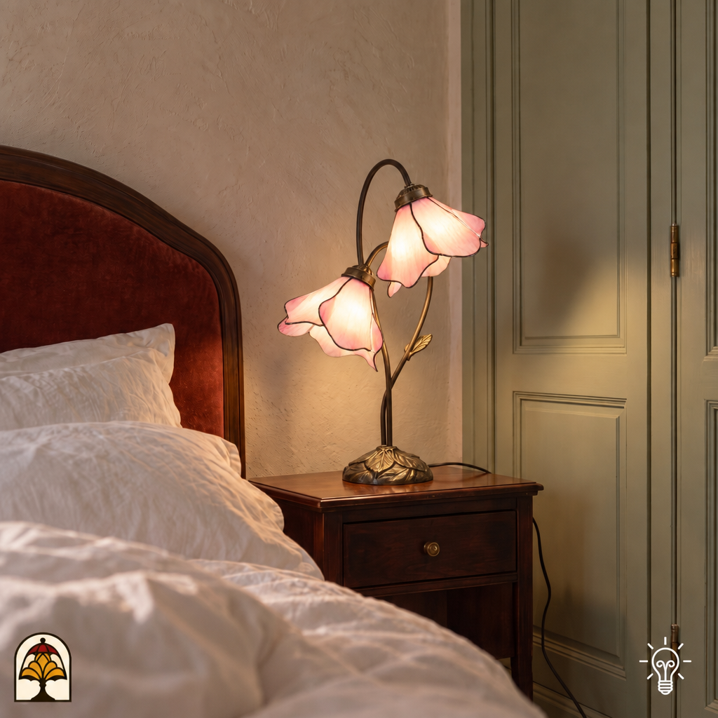 Tiffany tafellamp Lotus Sereno Doppio ⌀20 cm – sfeerfoto, op houten nachtkastje in een slaapkamer met twee verlichte roze bloemkappen naast een bed en groene deur