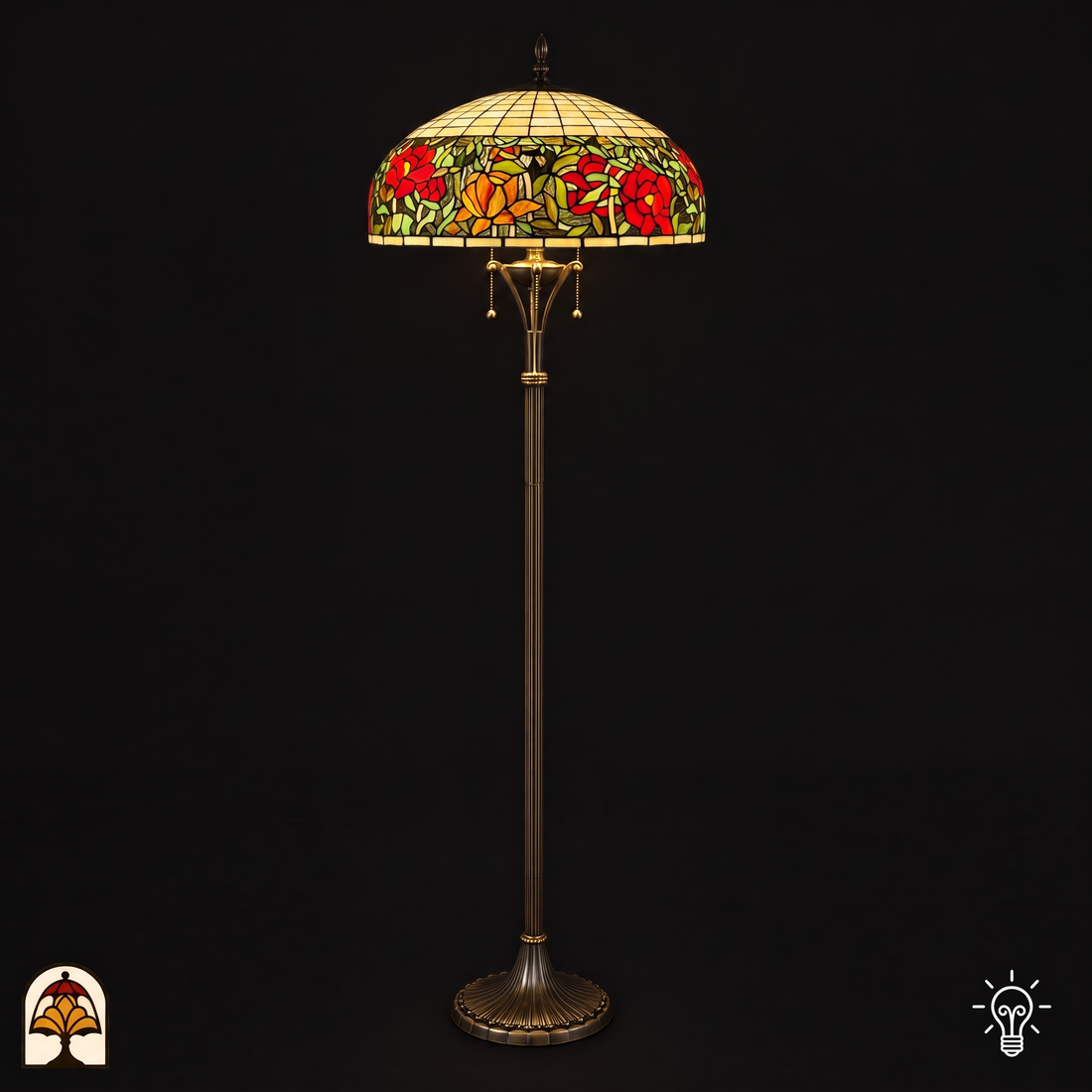 Tiffany vloerlamp Peonia Rossa ⌀50 cm – verlicht, glas-in-lood kap met rode pioenrozen op bronskleurige voet