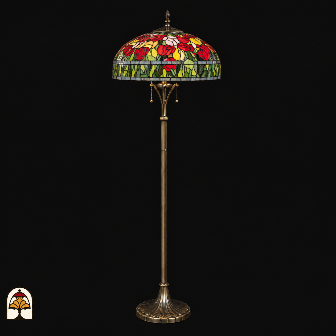 Lampadaire Tiffany Tulipa Rosso Azul éteint – abat-jour tulipes rouge, jaune et vert sur pied bronze élancé