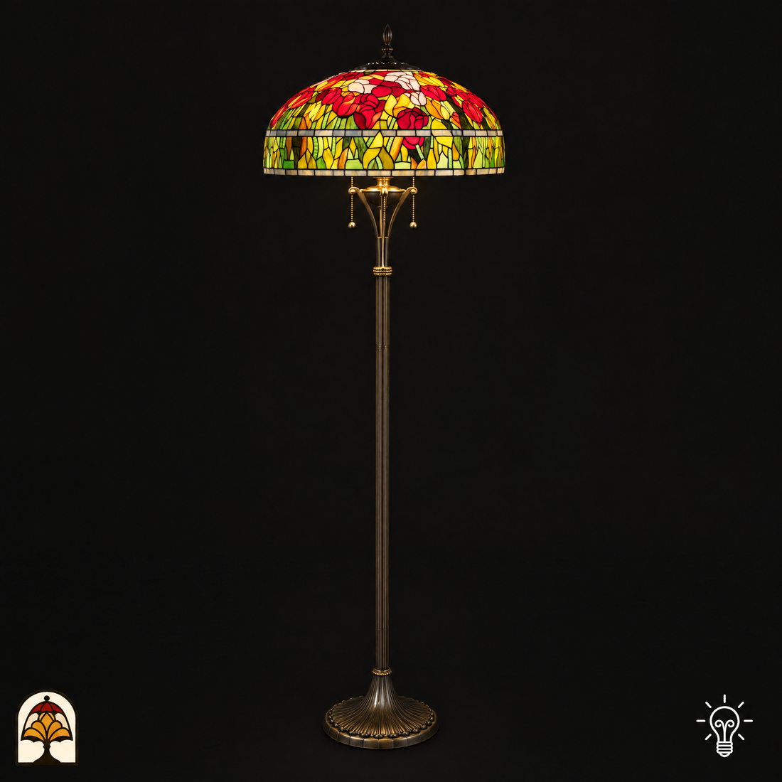 Lampadaire Tiffany Tulipa Rosso Azul ⌀50 cm allumé – abat-jour vitrail aux tulipes rouges et jaunes, pied bronze, 170 cm