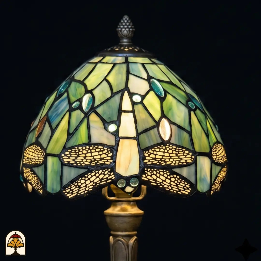 Gros plan abat-jour allumé lampe de table Tiffany Libellula Celeste ⌀20 cm – vitrail bleu clair avec motif de libellules et cabochons en verre colorés