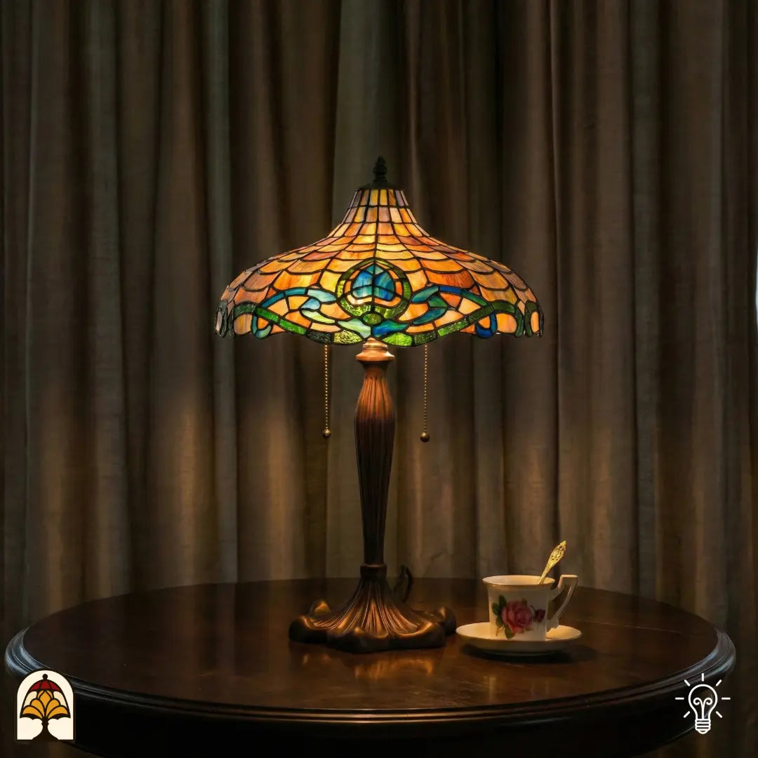 Lifestyle — lampe de table Tiffany allumée sur une table ronde en bois devant des rideaux, tasse de thé avec soucoupe à côté