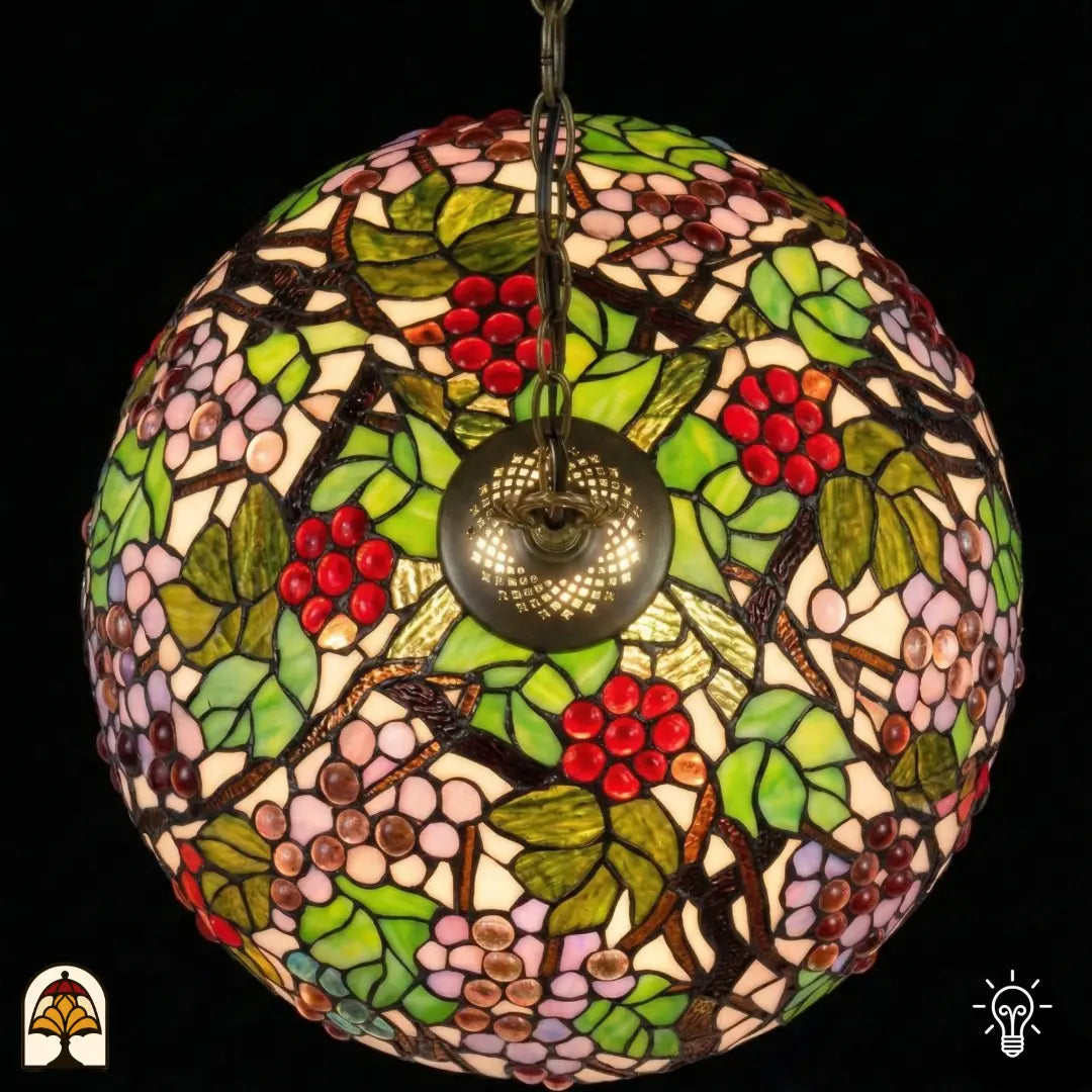 Vue de dessus abat-jour dôme allumé suspension Tiffany Sylva Berria, motifs de vigne avec raisins rouges et lilas et feuilles vertes, douille centrale en bronze