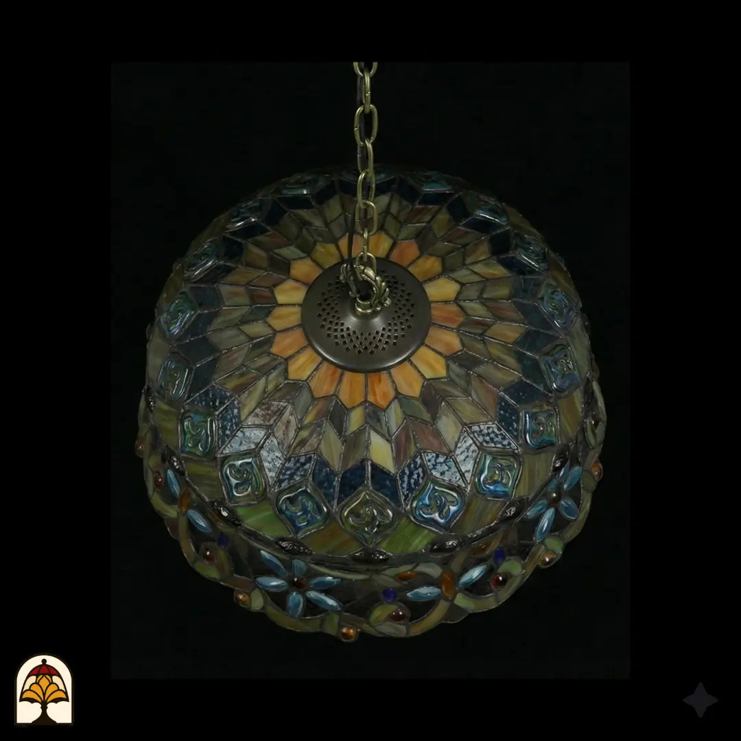 Vue de dessous d'une suspension lampe Tiffany éteinte, dôme au motif rayonnant de verre ambré et de surfaces bleues, cabochons en verre verts, plaque d'aération en bronze visible au centre