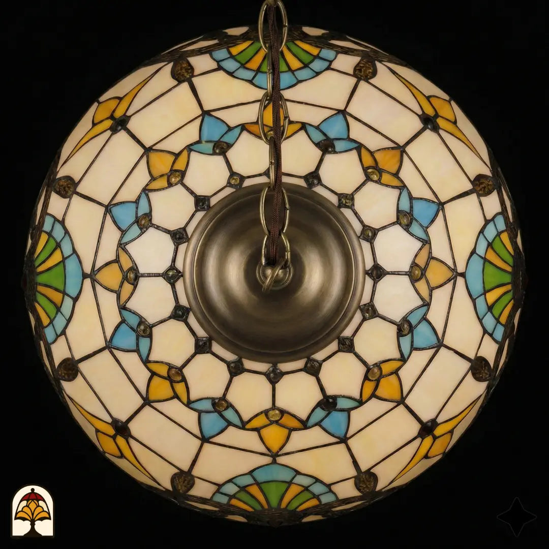 Vue de dessus abat-jour éteint Barok ⌀40, vitrail crème et jaune avec éventails bleu-vert en motif étoilé, douille centrale en bronze