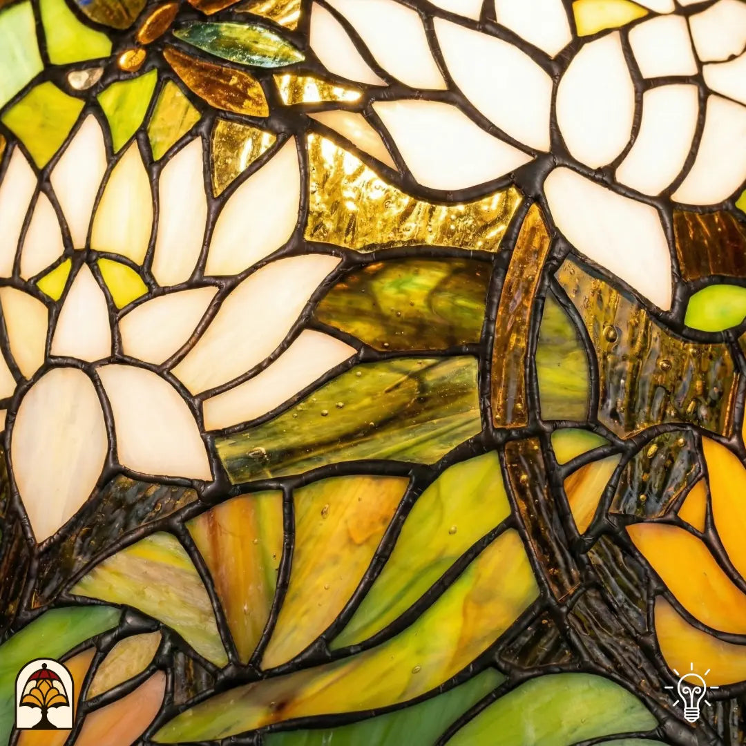 Gros plan de lampe Tiffany, panneau de vitrail avec fleurs de lotus blanches et jaune clair et feuilles de nénuphar vertes sur verre texturé jaune doré