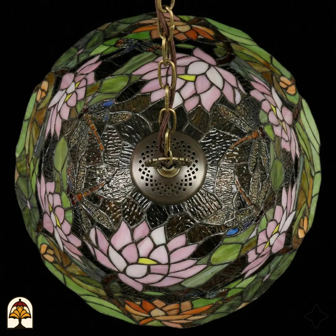 Vue de dessous d'une suspension lampe Tiffany éteinte, dôme avec fleurs de lotus roses, fleurs de lotus orange et feuilles de nénuphar vertes autour de la plaque d'aération en bronze, suspendue à une chaîne dorée