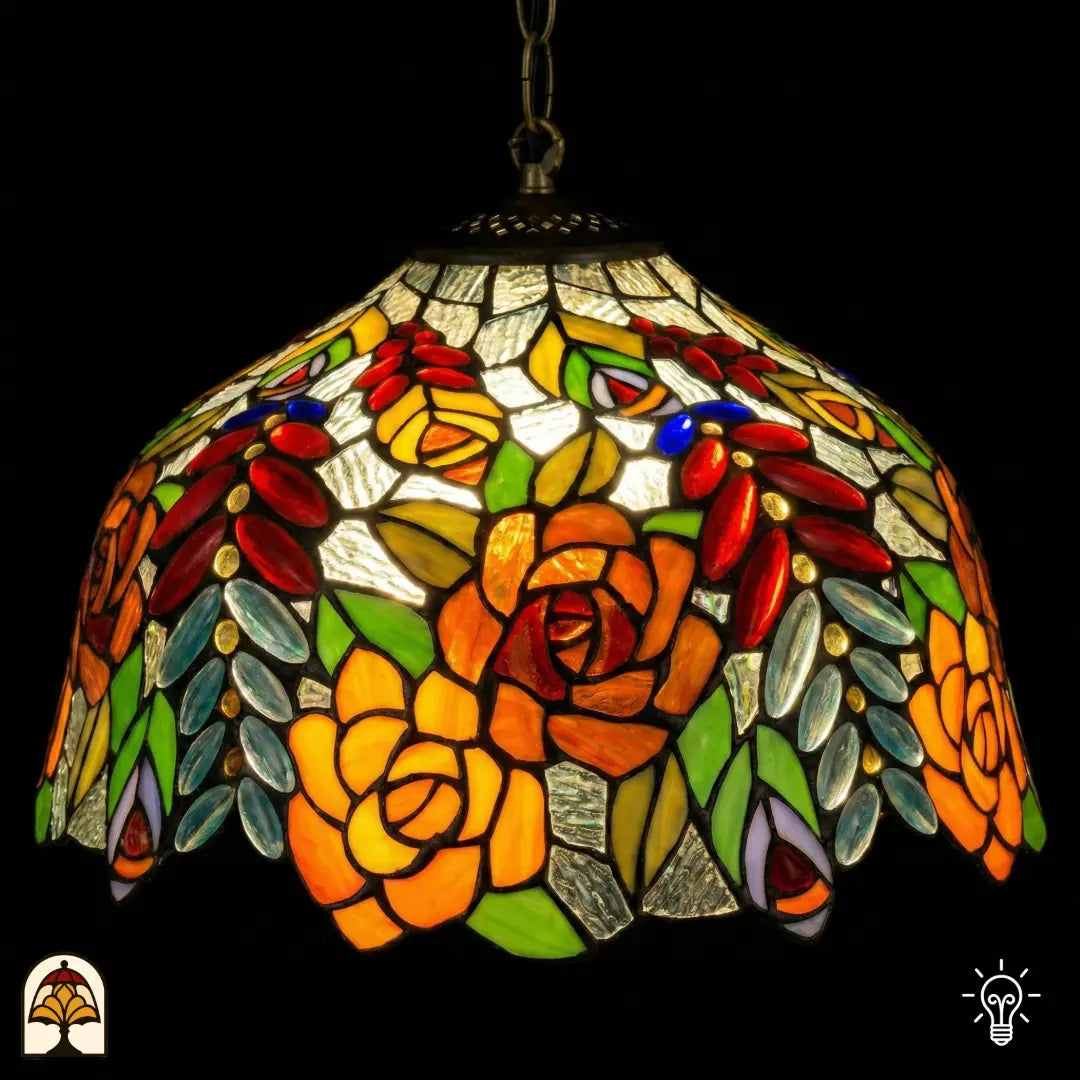Suspension Tiffany allumée en gros plan, abat-jour en dôme avec roses orange, cabochons en verre ovales rouges, roses jaunes et feuilles vertes sur fond texturé blanc, suspendue à une chaîne en bronze