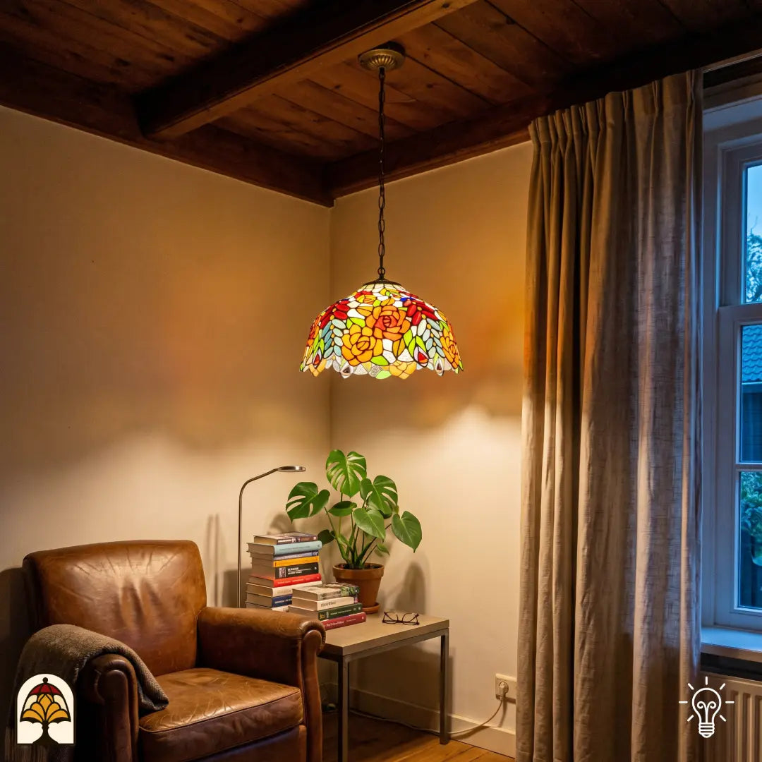 Suspension Tiffany Rosalia Aurea ⌀40 cm allumée dans un intérieur chaleureux – roses orange-jaune et cabochons en verre rouges en vitrail, chaîne en bronze
