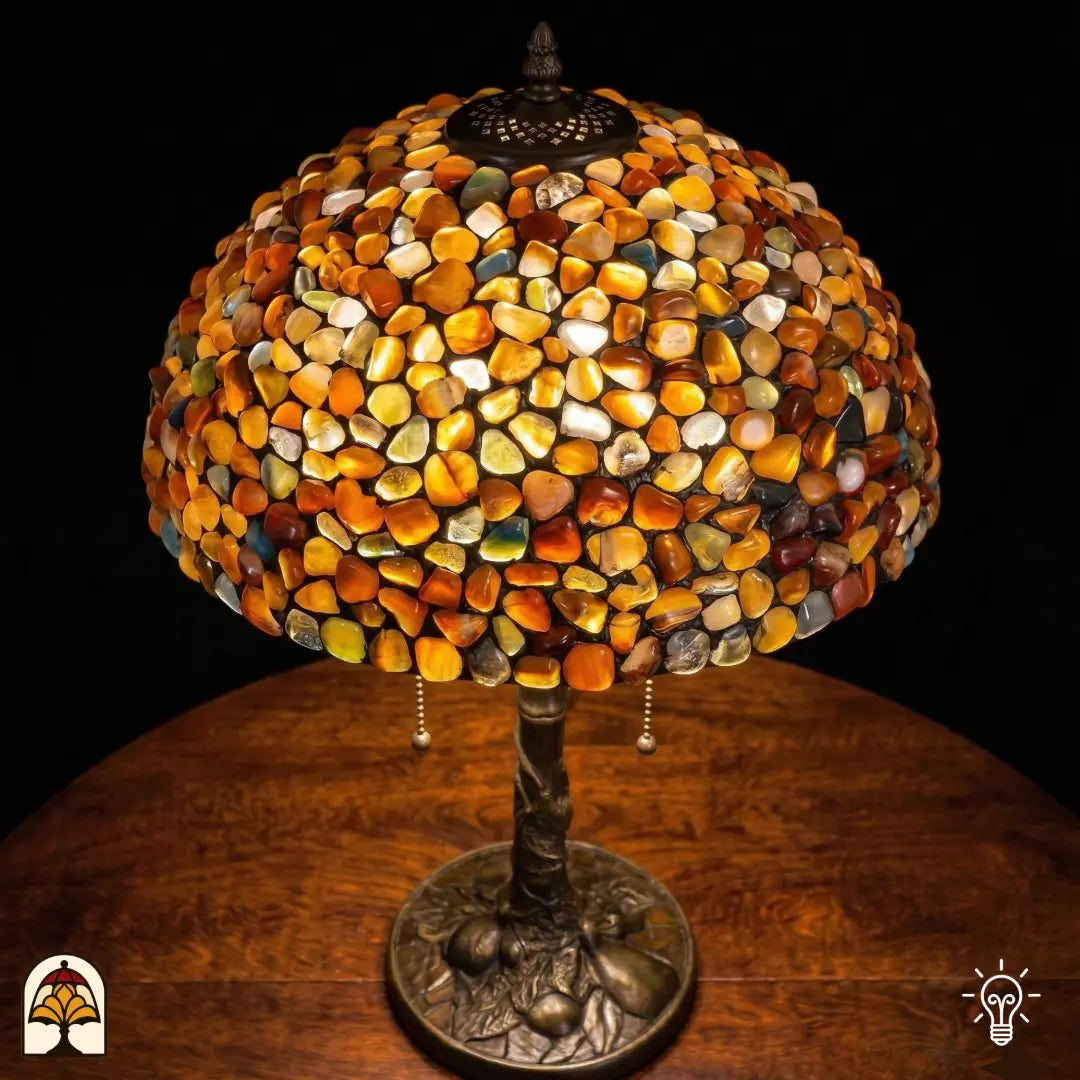 Lampe de table Tiffany Stone Mosaic Amber ⌀40 cm allumée sur une table en bois – lumière chaude et diffuse à travers l'abat-jour en pierres naturelles ambrées