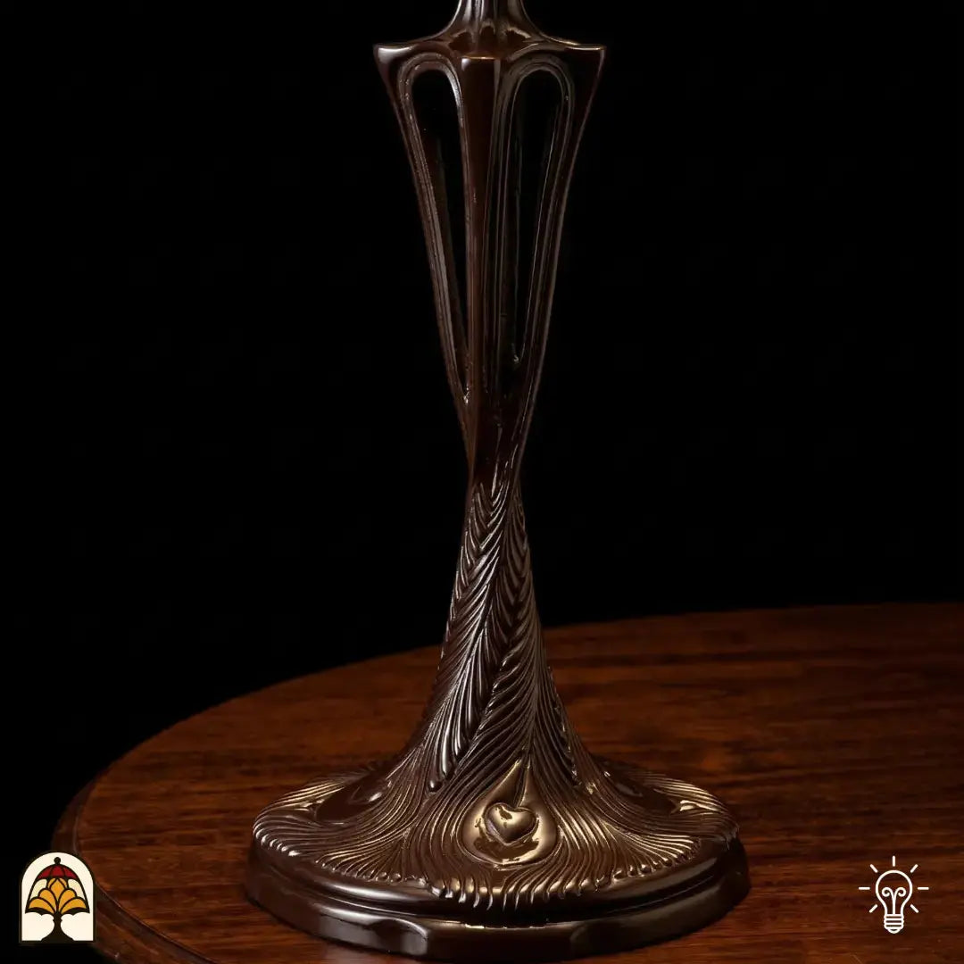 Gros plan pied vase élancé en bronze Art Nouveau lampe de table Tiffany Sylva Berria avec motifs gravés de plumes et de feuilles sur base ronde, sur fond sombre