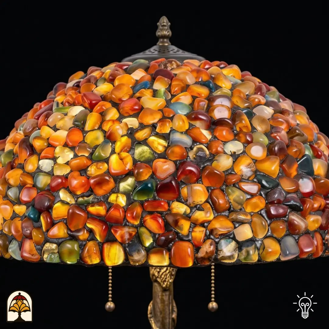 Gros plan abat-jour allumé lampe de table Tiffany Stone Mosaic Amber ⌀40 cm – des centaines de pierres polies en ambre, orange, rouge et sienne sous un bouton en bronze en forme de pomme de pin