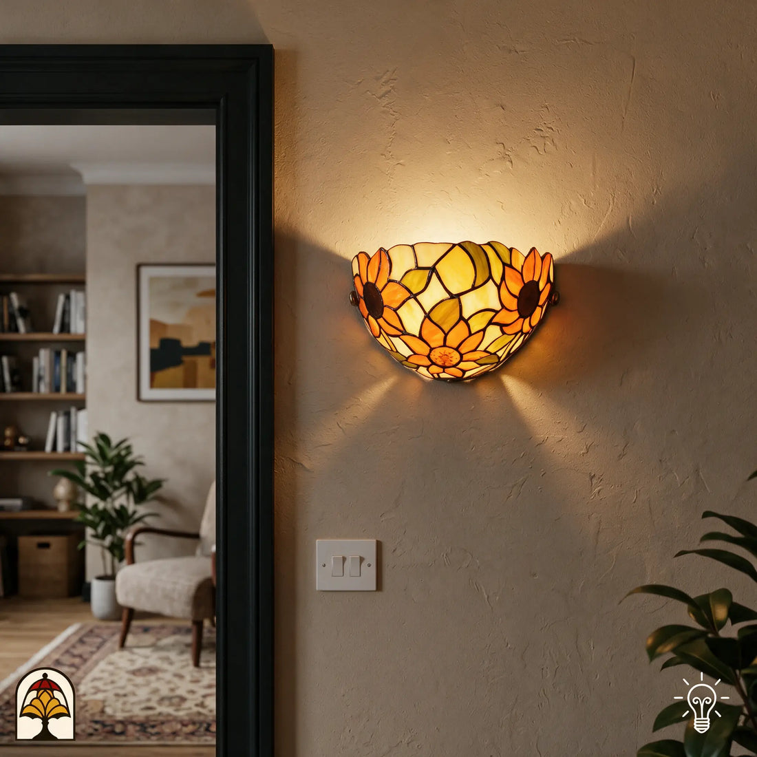 Applique murale Tiffany Solea Girasole dans un intérieur chaleureux près de la porte - Lumière Decor