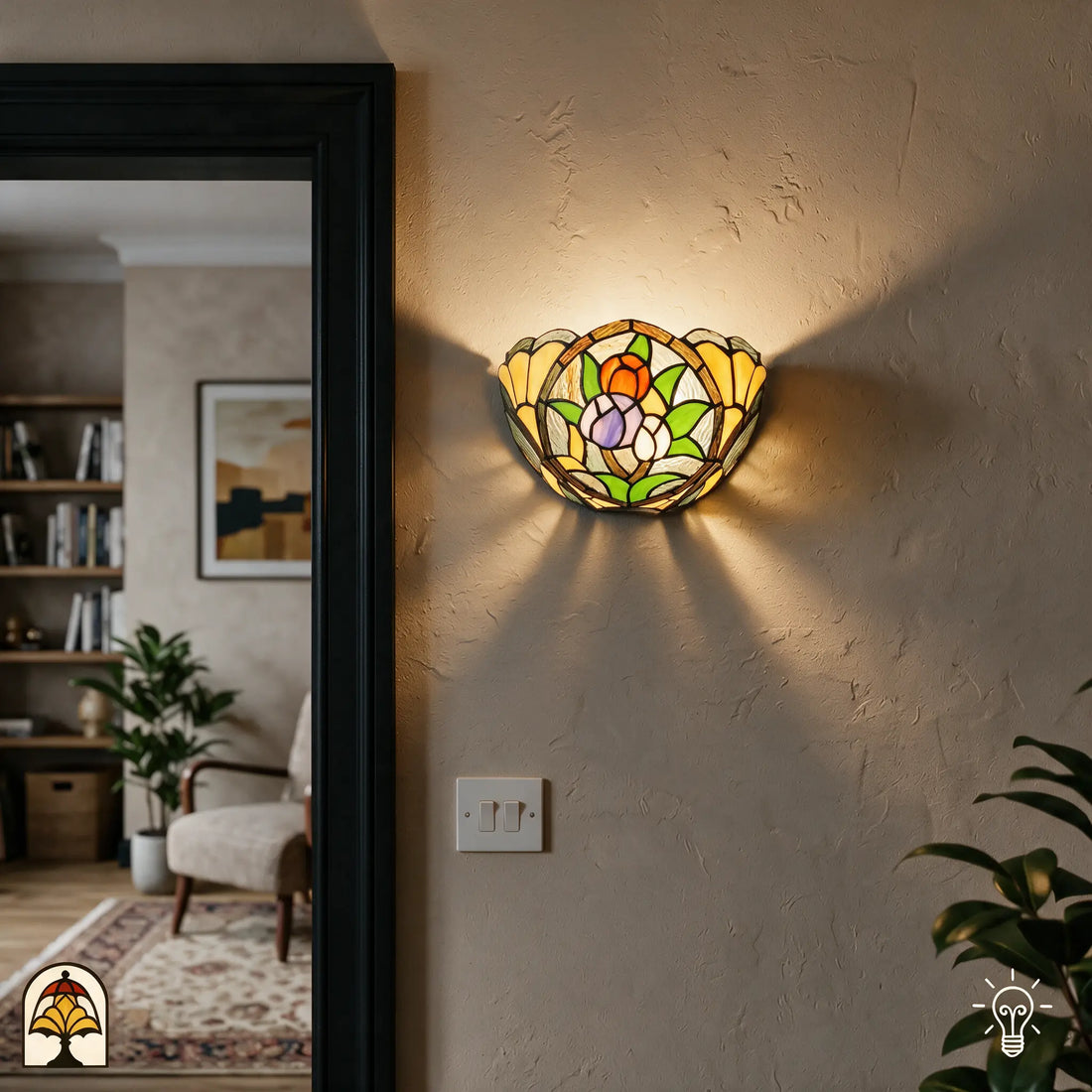 Applique murale Tiffany Tulipa Tricolore dans un intérieur chaleureux près de la porte - Lumière Decor