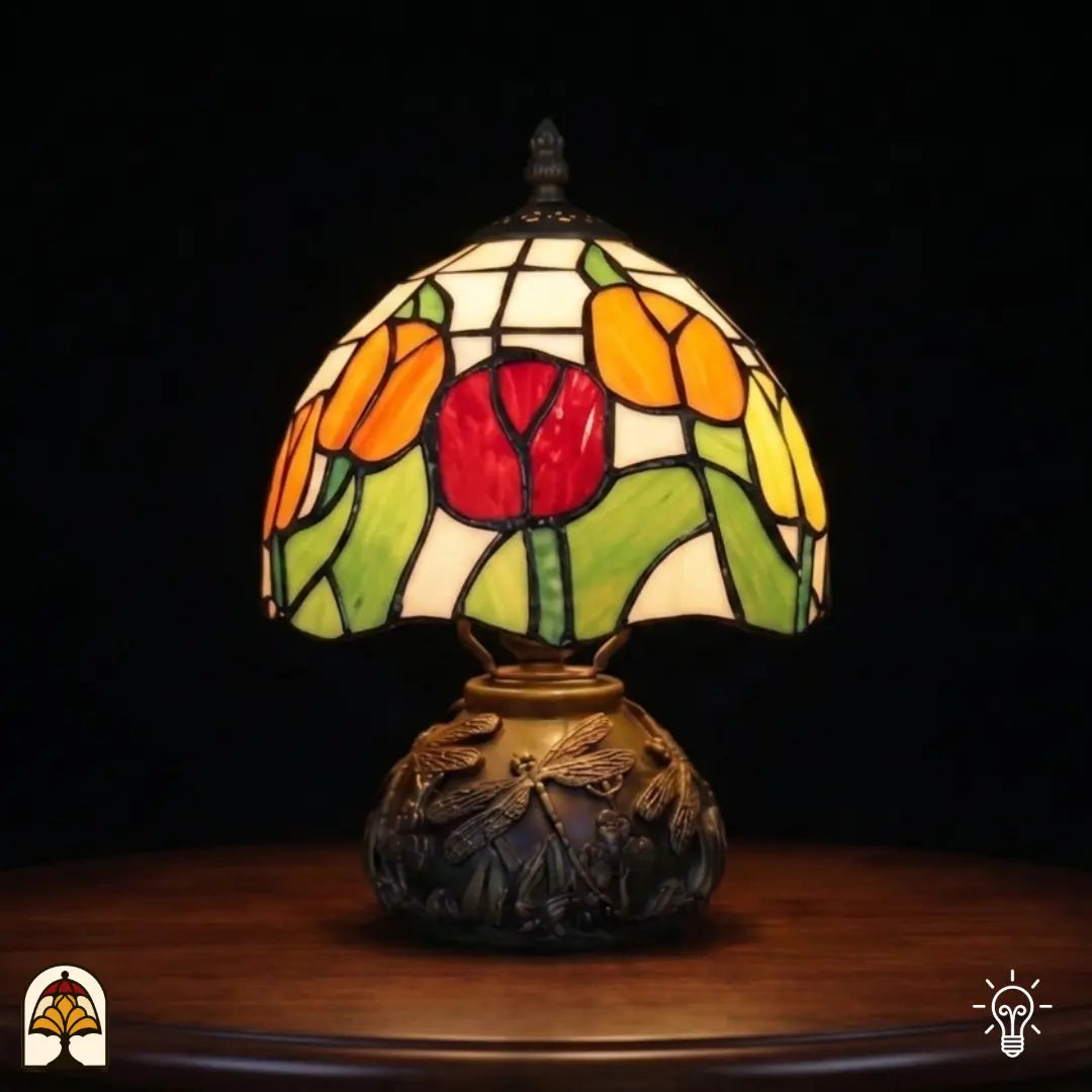 Lampe de table Tiffany Holland Golden Tulip ⌀20 cm allumée – abat-jour sphérique avec tulipe rouge, tulipes orange et feuilles vertes sur pied à libellules