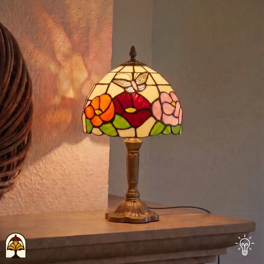 Lampe de table Tiffany Papilio Reginae ⌀20 cm allumée dans un intérieur chaleureux – abat-jour en dôme crème avec fleurs colorées et motif de papillon, pied en bronze, lumière chaude
