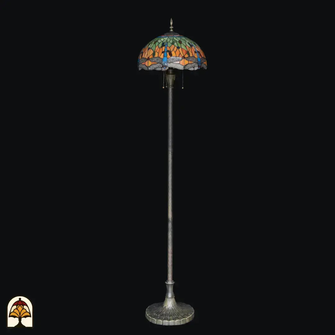 Gros plan abat-jour éteint lampadaire Tiffany Libellula Azul – surfaces en verre bleu, bordure de libellules grise