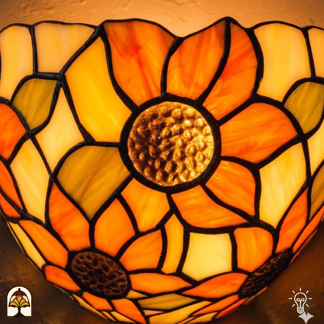 Applique murale Tiffany Solea Girasole dans un intérieur chaleureux – jeu de lumière ensoleillé et chaud sur le mur