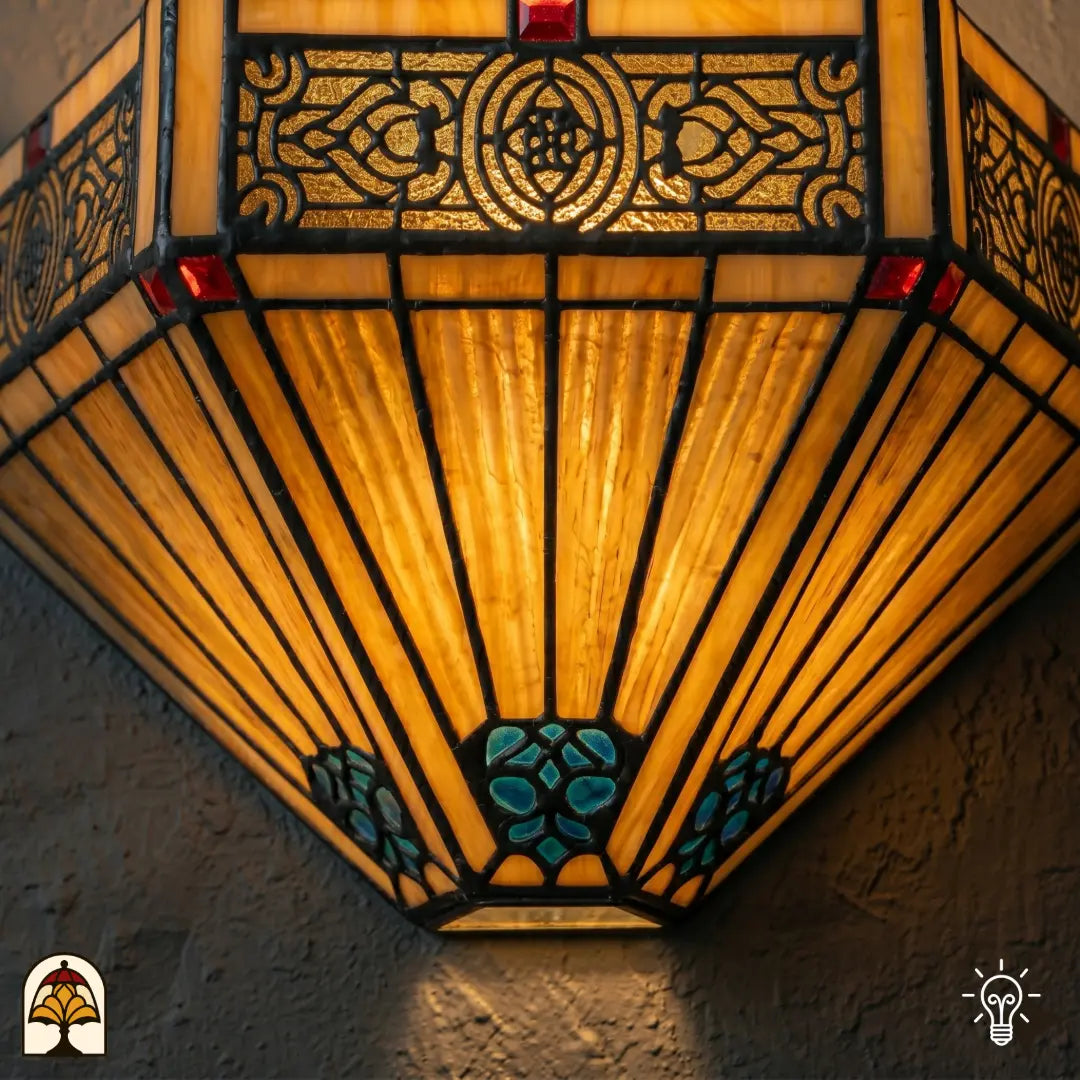 Applique murale Tiffany Lumina Geometrica dans un intérieur chaleureux – jeu de lumière jaune chaud sur le mur