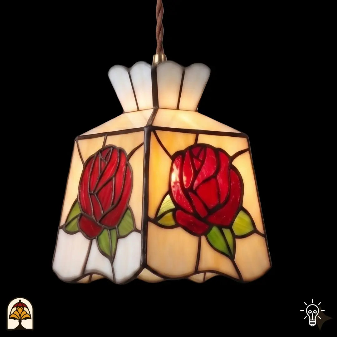 Suspension Tiffany Rosa Romantica allumée dans un intérieur chaleureux – ambiance avec lueur chaude du vitrail
