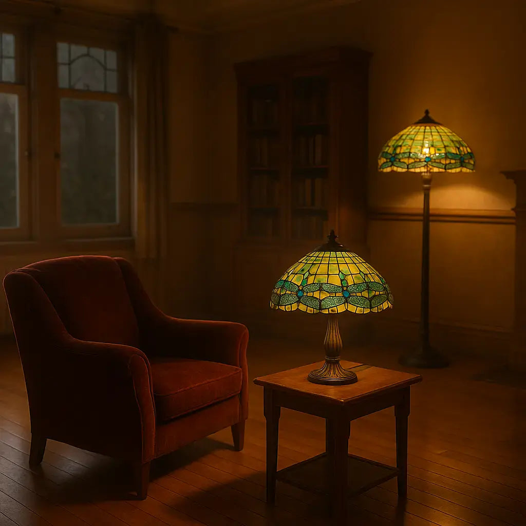 Tiffany tafellamp met kleurrijke glas-in-lood lampenkap met fruitmotief (appels, druiven, peren) in warme rood-, geel- en groentinten, op een sierlijke bronzen voet op een houten tafel.