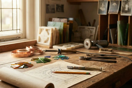 Werkbank met ontwerptekening, gekleurd glas, koperfolie en gereedschap voor het handgemaakte maakproces van een Tiffany lamp