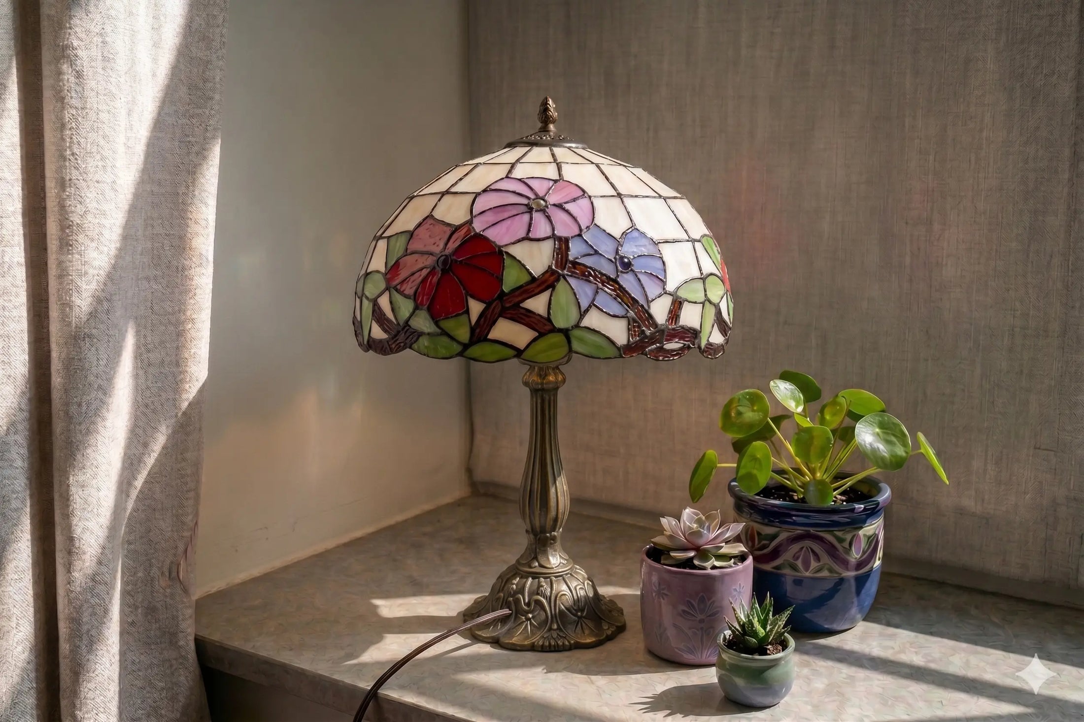 Lampe de table Tiffany avec abat-jour en verre coloré à motifs floraux sur un rebord de fenêtre au soleil