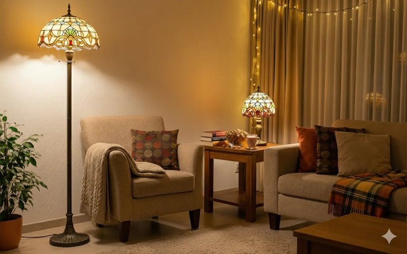Salon cosy avec un lampadaire Tiffany et une lampe de table Tiffany diffusant une lumière chaude et colorée près d'un fauteuil et d'un canapé, avec coussins, plaid et guirlandes lumineuses.