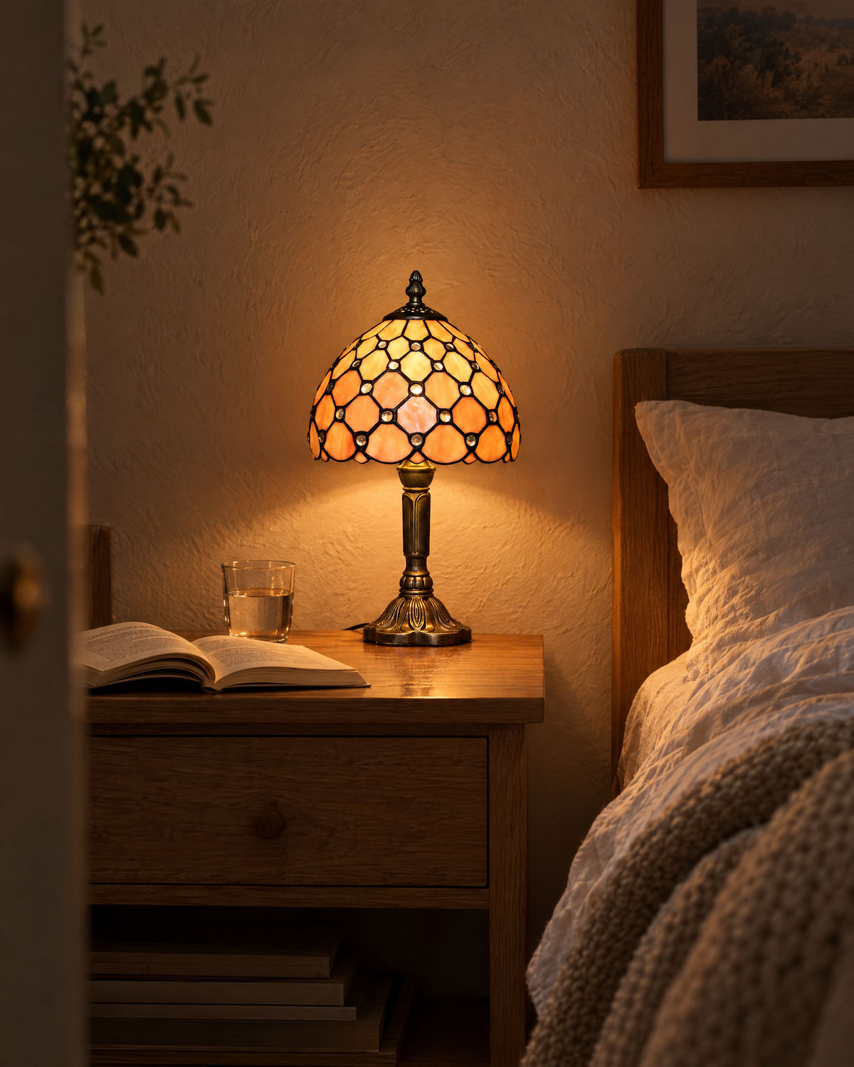 Nachtkastje lamp van glas-in-lood met warme gloed naast het bed