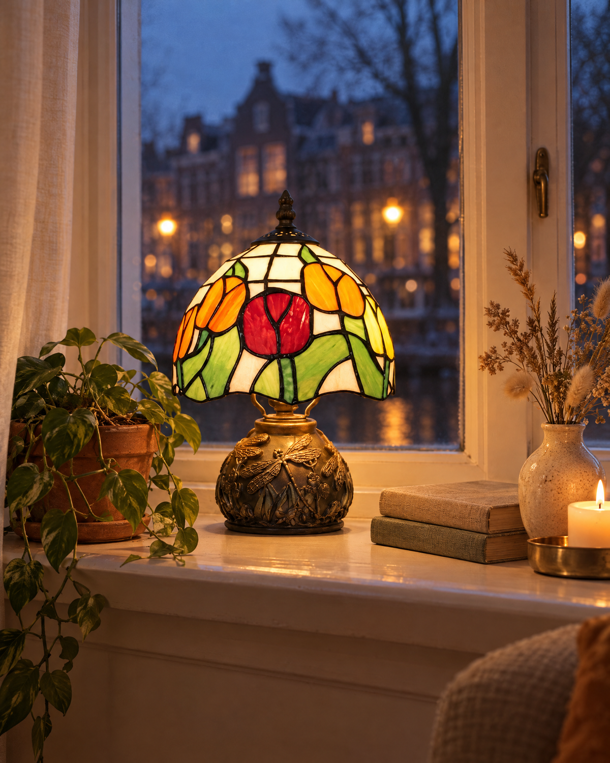 Vensterbank decoratie met brandende Tiffany tafellamp, plant, boeken en kaars bij avondlicht