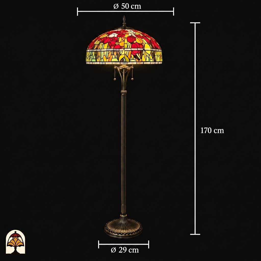 Dimensions du lampadaire Tiffany Tulipa Rosso Azul : abat-jour ⌀50 cm, hauteur 170 cm, pied ⌀29 cm