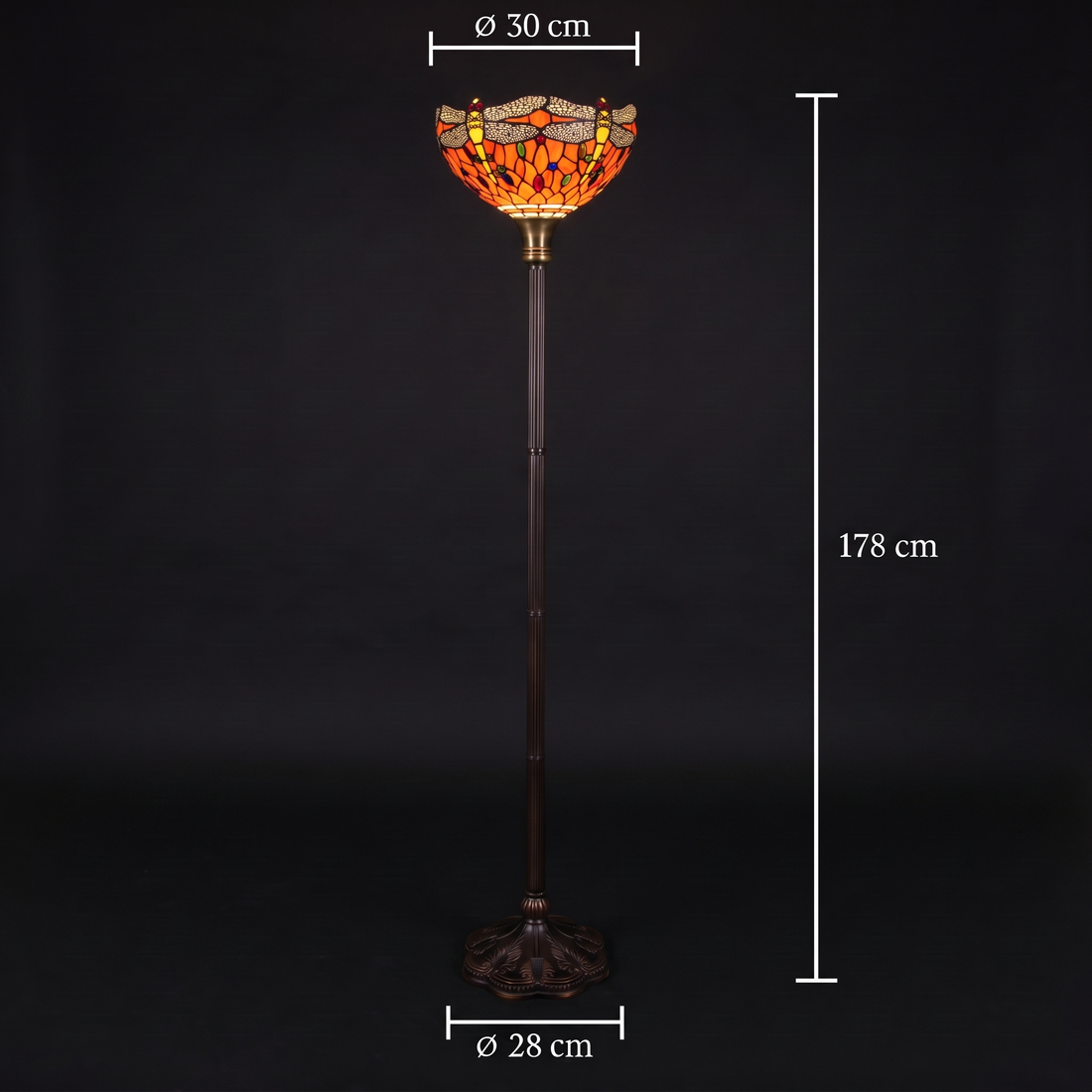 Dimensions du lampadaire Tiffany Libellula Tramonto : abat-jour ⌀30 cm, hauteur 178 cm, pied ⌀28 cm