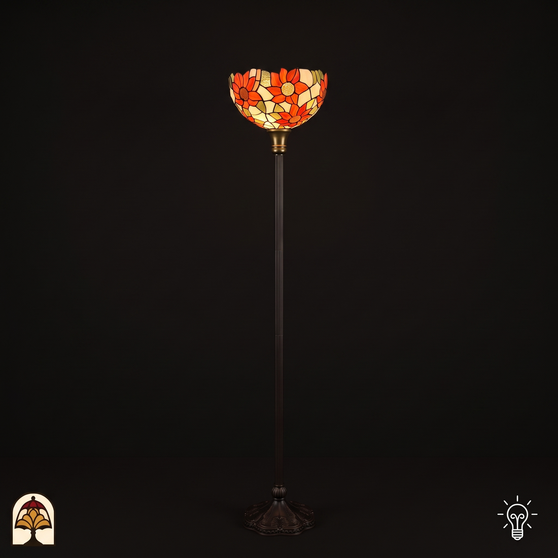 Tiffany vloerlamp Solea Uplighter ⌀30 cm – verlicht, warm gloeiend glas-in-lood met oranje zonnebloemen