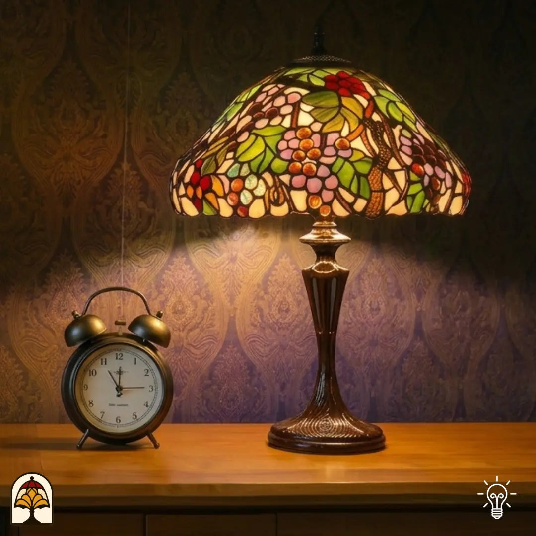 Lampe de table Tiffany allumée à motif de raisins verts, rouges et roses à côté d'un réveil en cuivre sur une table en bois