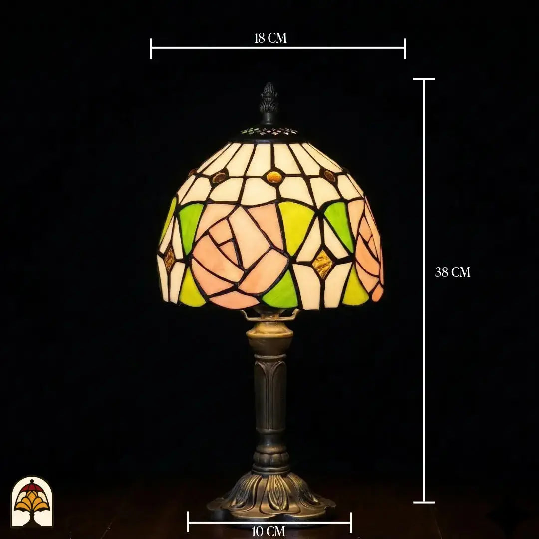 Schéma des dimensions lampe de table Tiffany Rosalia Verde, largeur de l'abat-jour 18 cm, largeur du pied 10 cm, hauteur totale 38 cm