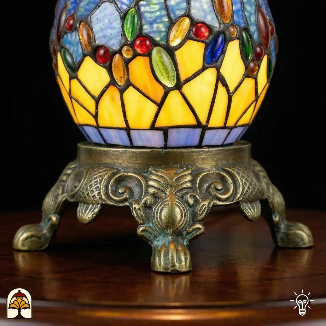 Gros plan pied à griffes en bronze lampe de table Tiffany Libellula Azurea ⌀30 cm – coupe de pied en vitrail allumée avec panneaux jaunes et bleus et cabochons en verre colorés