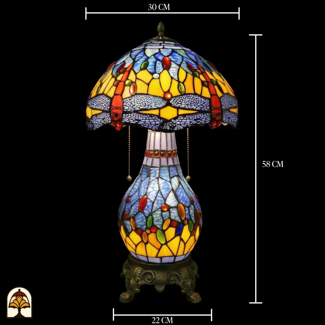 Schéma des dimensions lampe de table Tiffany Libellula Azurea – diamètre de l'abat-jour 30 cm, hauteur totale 58 cm, diamètre du pied 22 cm