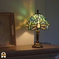Verlichte Tiffany tafellamp Libellula Celeste ⌀20 cm in interieur – lichtblauwe kap met libellenmotief, warm licht, bronzen voet