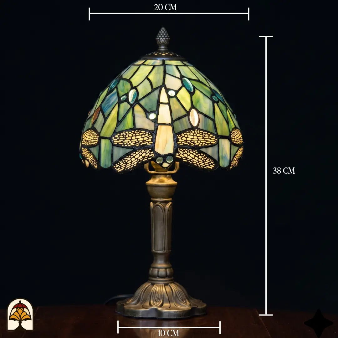 Schéma des dimensions lampe de table Tiffany Libellula Celeste – diamètre de l'abat-jour 20 cm, hauteur totale 38 cm, diamètre du pied 10 cm