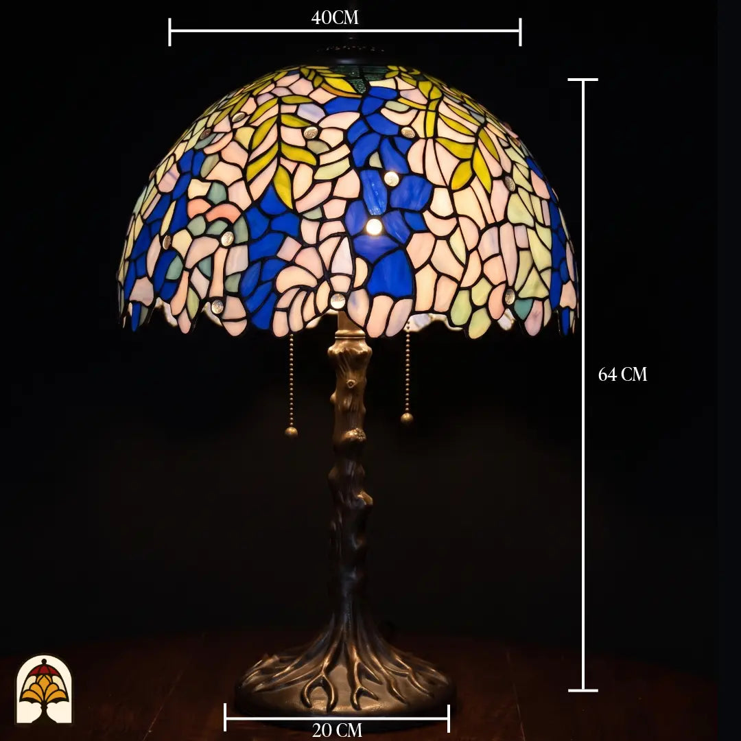 Schéma des dimensions lampe de table Tiffany Wisteria Celeste ⌀40 cm : largeur de l'abat-jour 40 cm, hauteur 64 cm, pied 20 cm