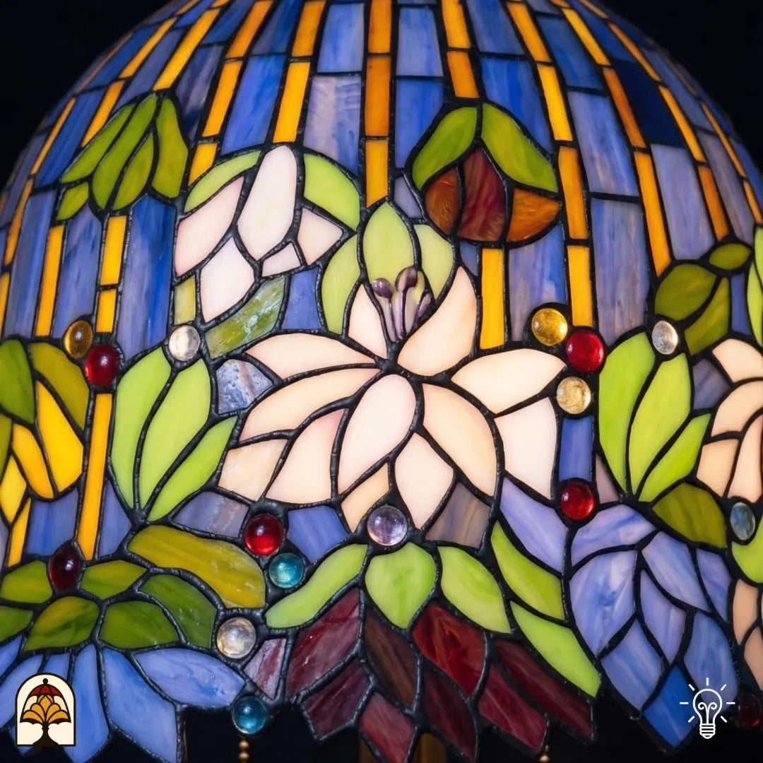 Gros plan abat-jour allumé lampe de table Tiffany Pond Lilia – nénuphar crème avec feuilles vertes et cabochons en verre rouges et dorés en vitrail