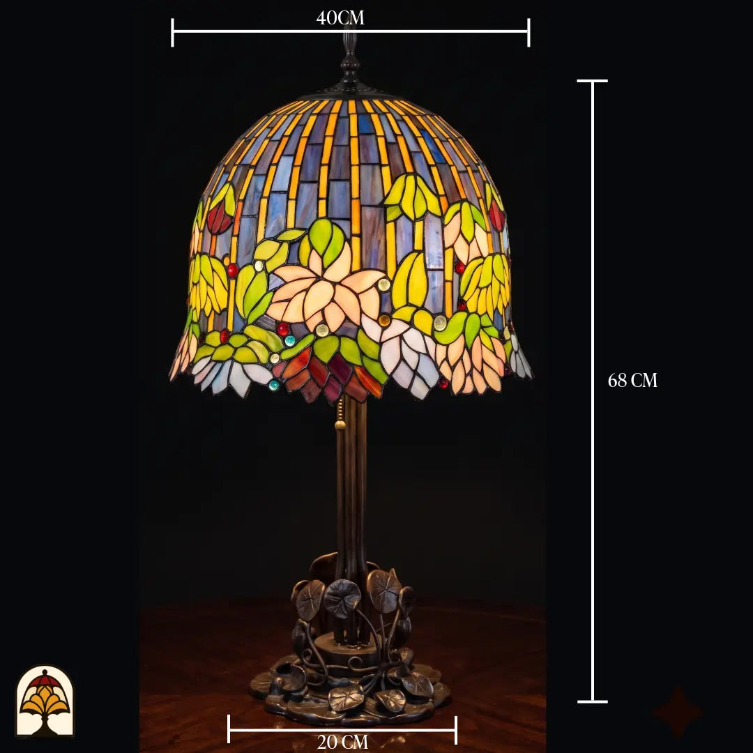 Schéma des dimensions lampe de table Tiffany Pond Lilia ⌀40 cm : largeur de l'abat-jour 40 cm, hauteur 68 cm, pied 20 cm