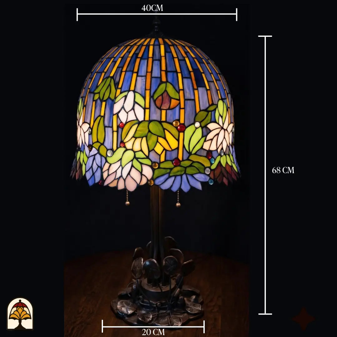 Maatafbeelding Tiffany tafellamp Pond Lilia, kapbreedte 40 cm, voetbreedte 20 cm, totale hoogte 68 cm