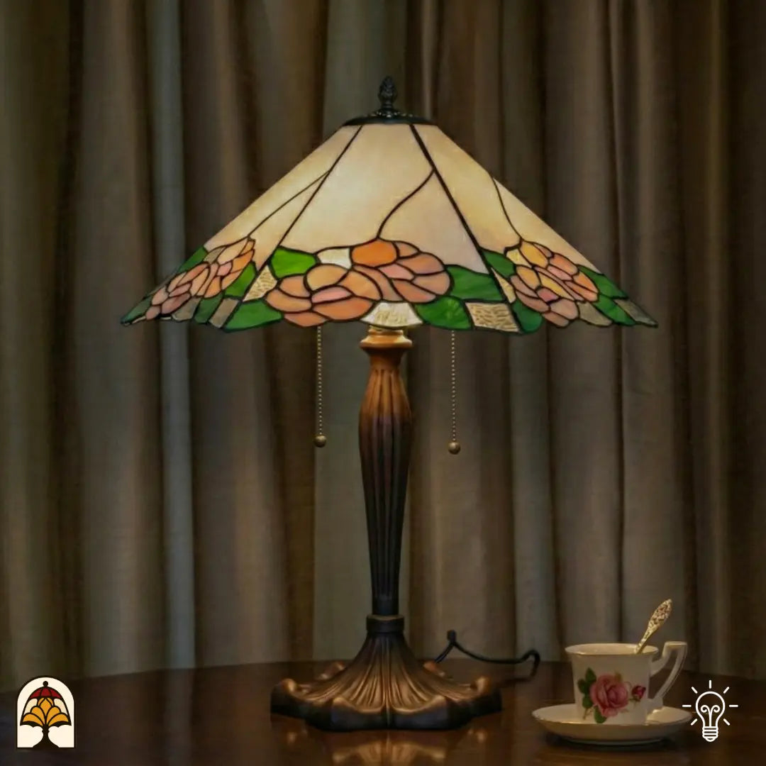 Lampe de table Tiffany Alba Sereno allumée sur une table ronde en bois devant des rideaux, tasse de thé avec soucoupe à côté, intérieur chaleureux