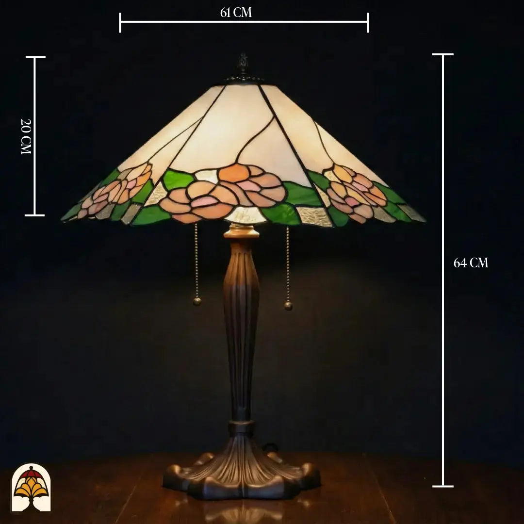 Schéma des dimensions lampe de table Tiffany Alba Sereno, largeur de l'abat-jour 61 cm, profondeur de l'abat-jour 20 cm, hauteur totale 64 cm