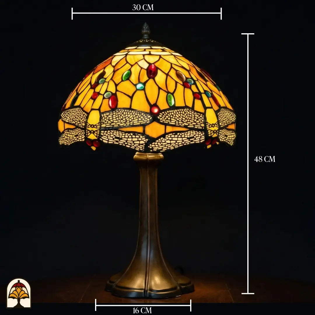 Schéma des dimensions lampe de table Tiffany Libellula Aurea ⌀30 : largeur de l'abat-jour 30 cm, largeur du pied 16 cm, hauteur totale 48 cm