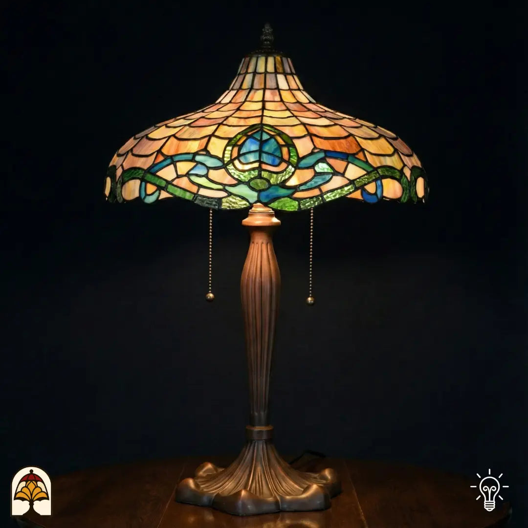 Grande lampe de table Tiffany allumée avec large abat-jour en forme de vasque à motif d'écailles ambrées, bordure Art nouveau turquoise/bleue et verte à motif de lotus, pied en bronze cannelé avec interrupteurs à chaînette, fond sombre