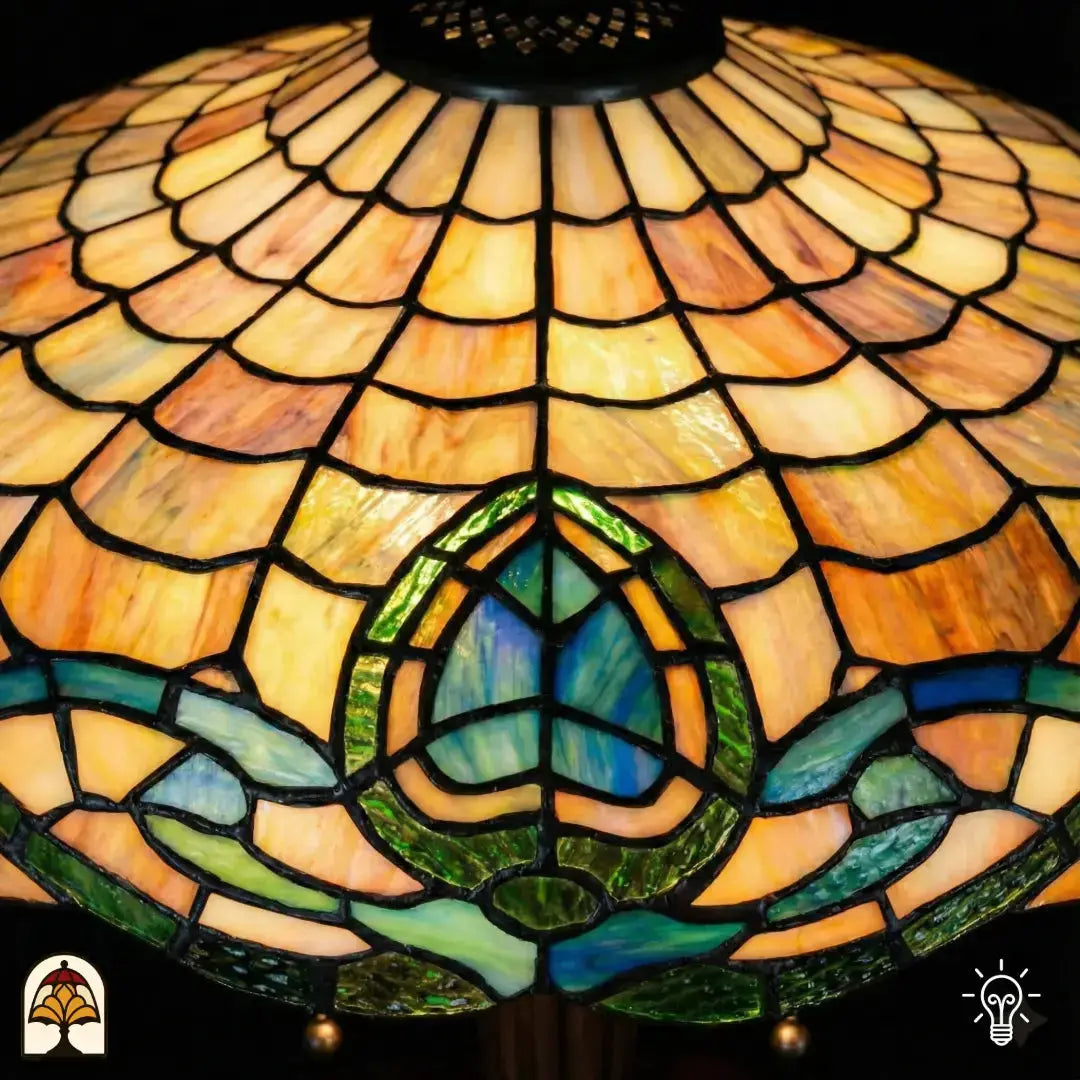 Gros plan du dessus de l'abat-jour Tiffany allumé — surfaces en verre ambré/saumon en forme d'écailles, motif de lotus turquoise et vrilles vertes en bas